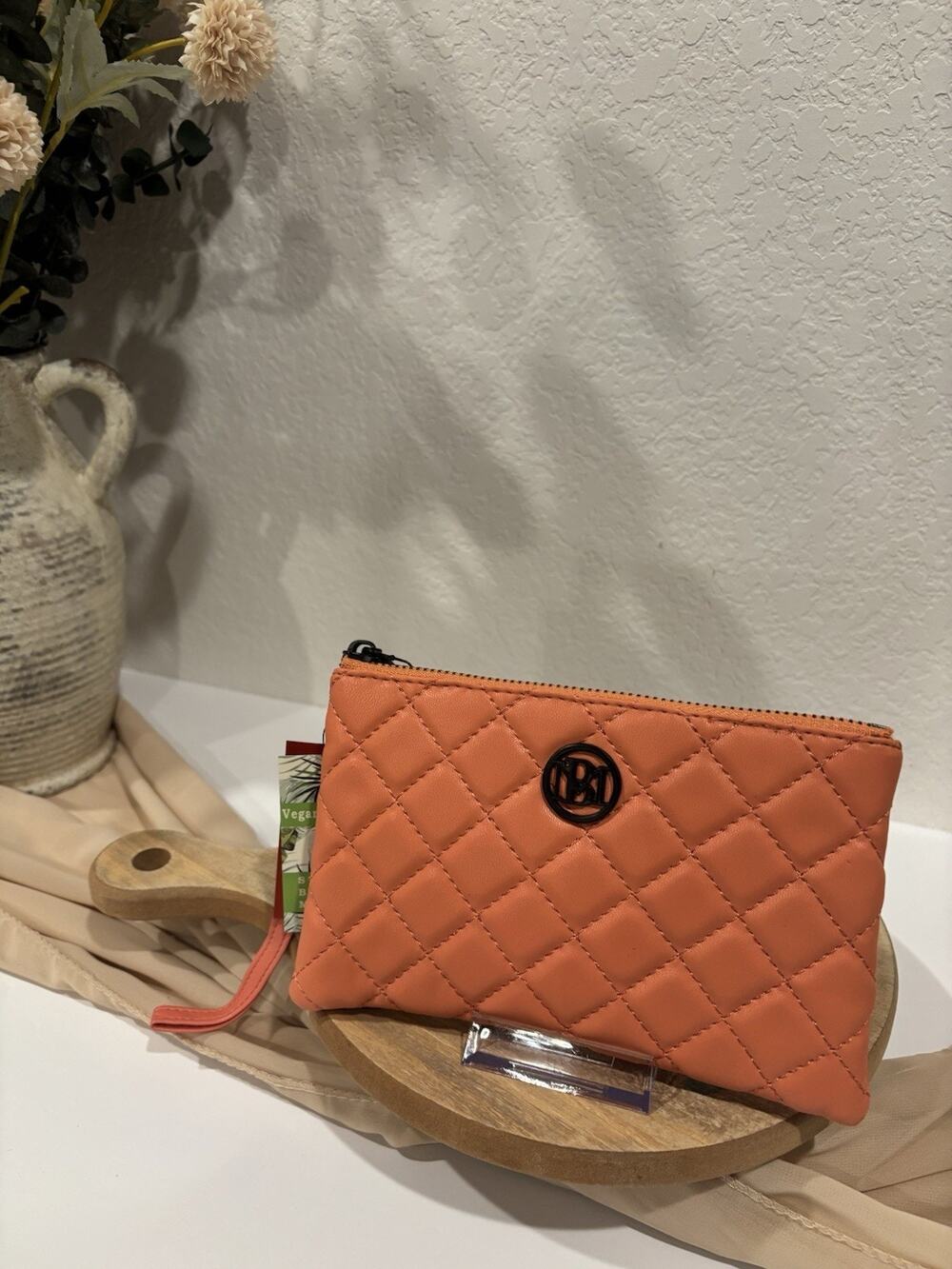 Studio Badgley Mischka Coral Solid Quilted Zip Wristlet Wallet Credit Card